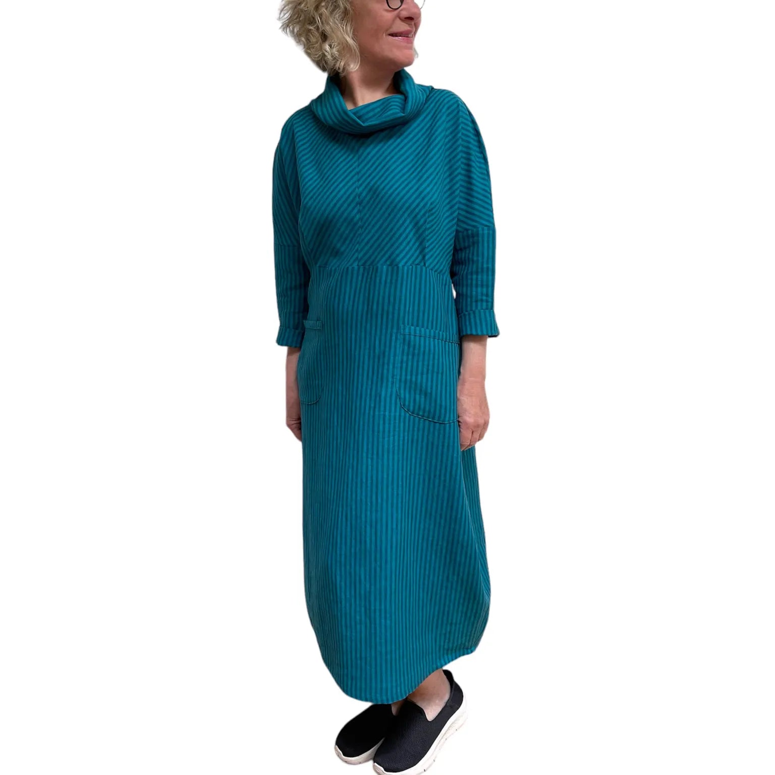 cotton a line dress with pockets Emely Lapel V-neck Symmetrical Pocket A-line Cotton Dress (No Belt), Denim Blue / L