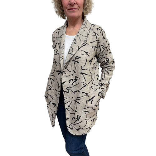 Beige Black Abstract Linen Cardigan Jacket V-Collar, handmade in Seattle by Angela Ehrig