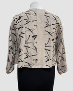 Beige Linen Bolero Jacket Black Abstract Print Horn Button | Engayla