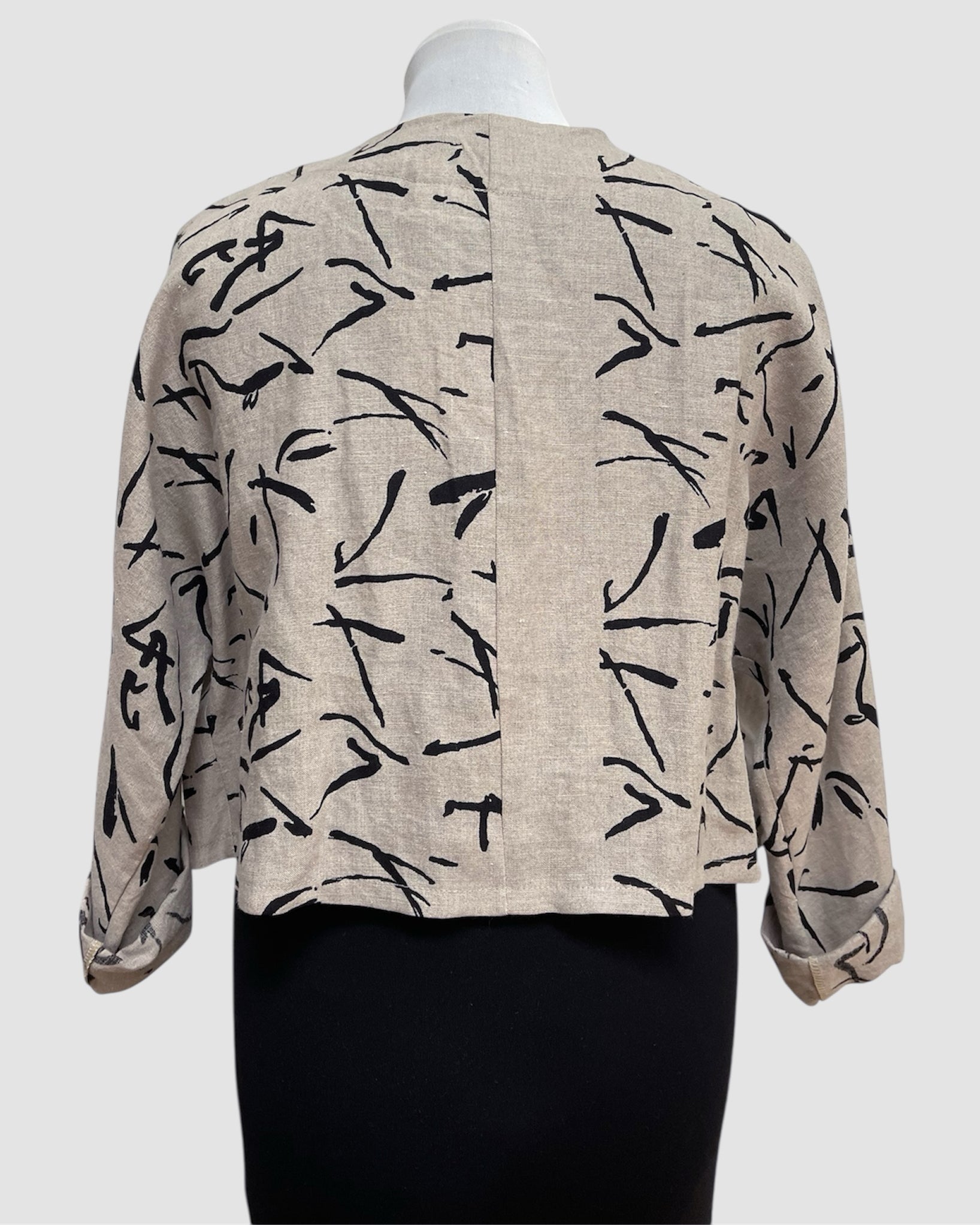 Beige Linen Bolero Jacket Black Abstract Print Horn Button | Engayla