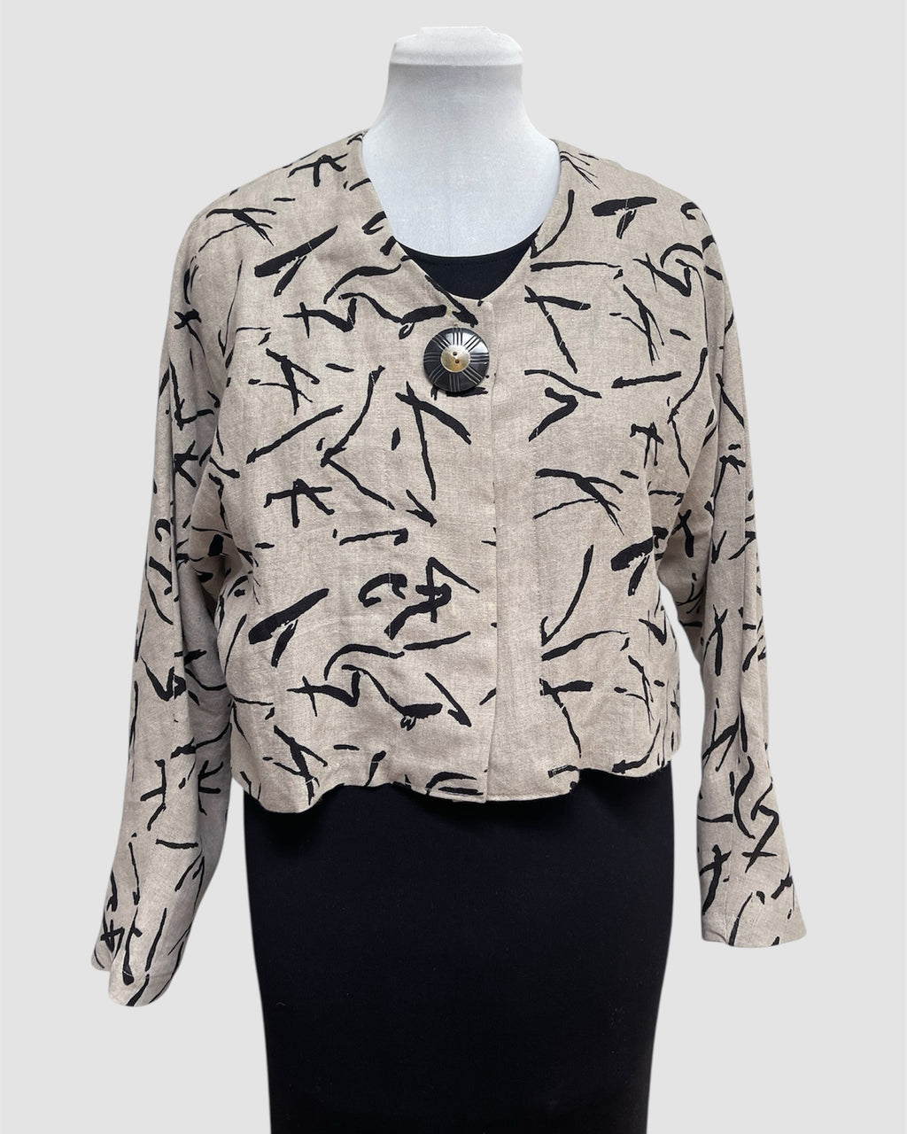 Beige Linen Bolero Jacket Black Abstract Print Horn Button | Engayla