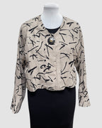 Beige Linen Bolero Jacket Black Abstract Print Horn Button | Engayla