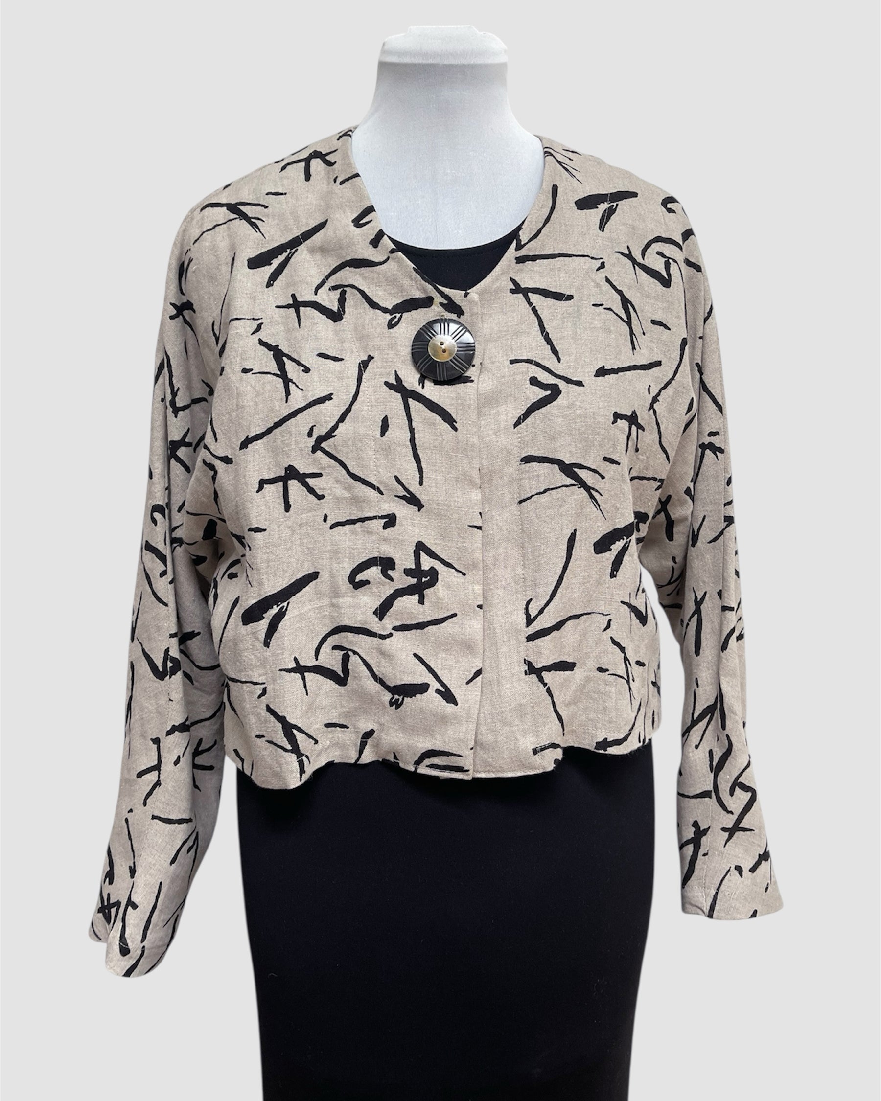 Beige Linen Bolero Jacket Black Abstract Print Horn Button | Engayla