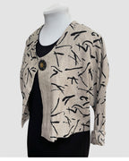 Beige Linen Bolero Jacket Black Abstract Print Horn Button | Engayla