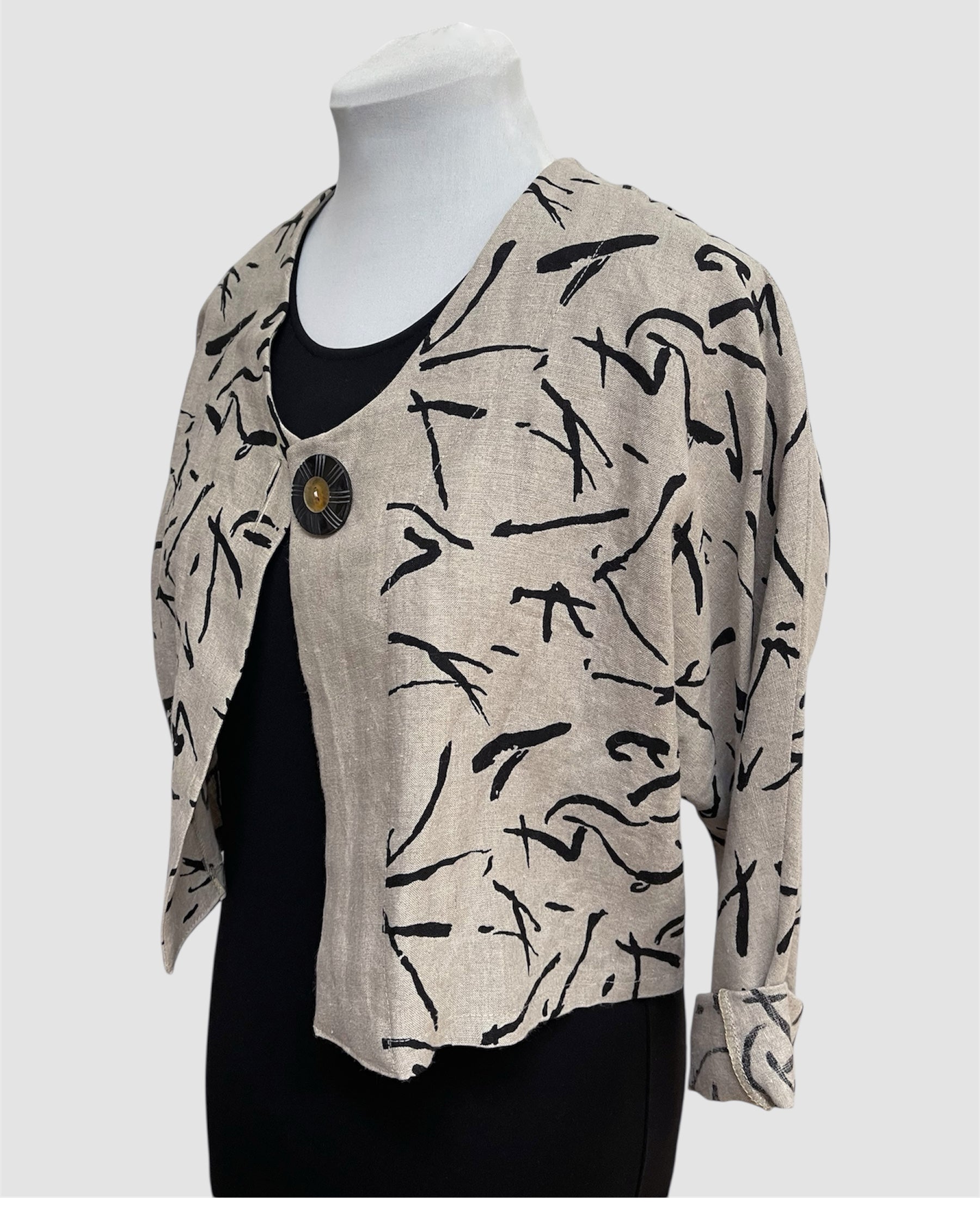 Beige Linen Bolero Jacket Black Abstract Print Horn Button | Engayla