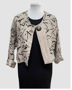 Beige Linen Bolero Jacket Black Abstract Print Horn Button | Engayla