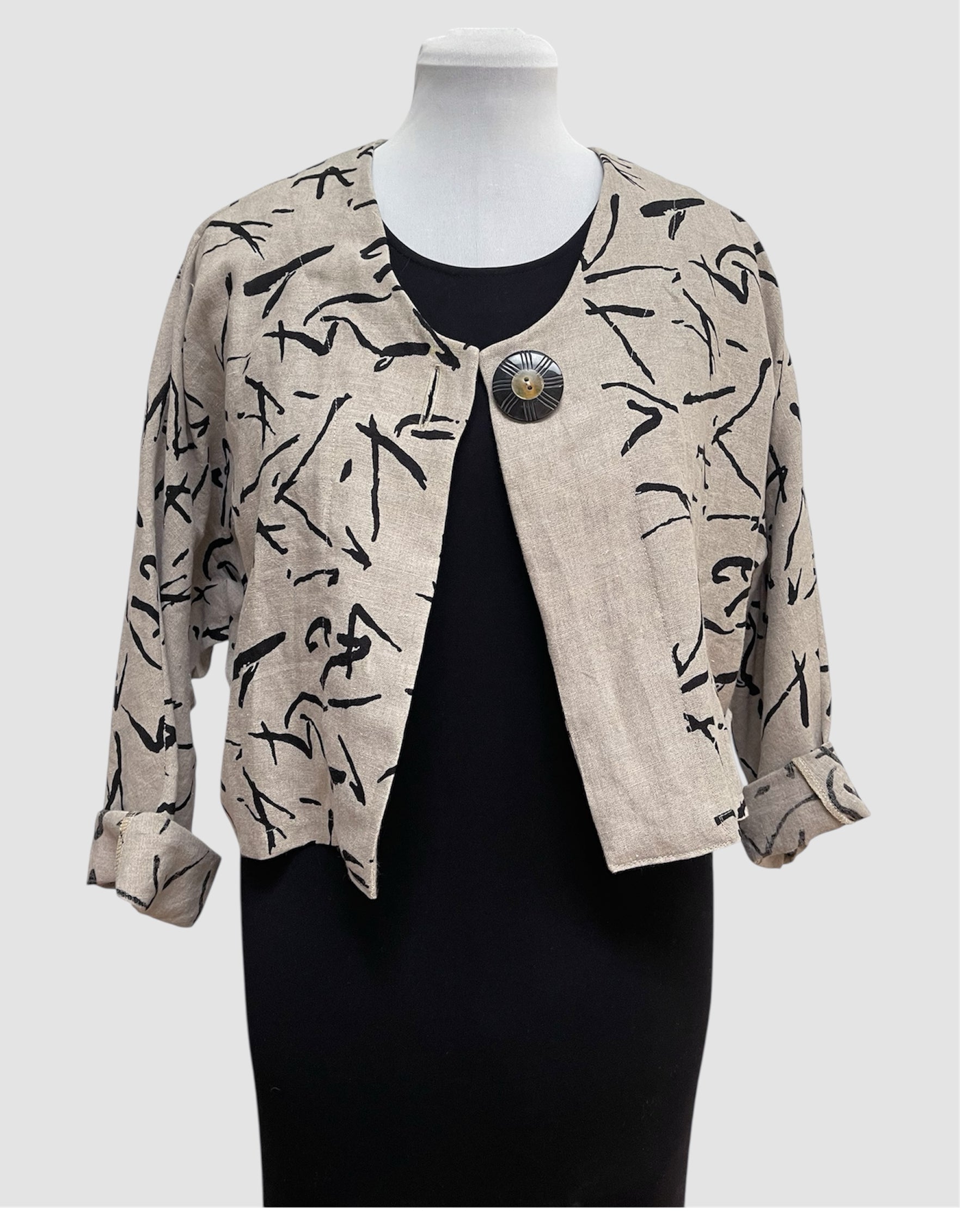 Beige Linen Bolero Jacket Black Abstract Print Horn Button | Engayla