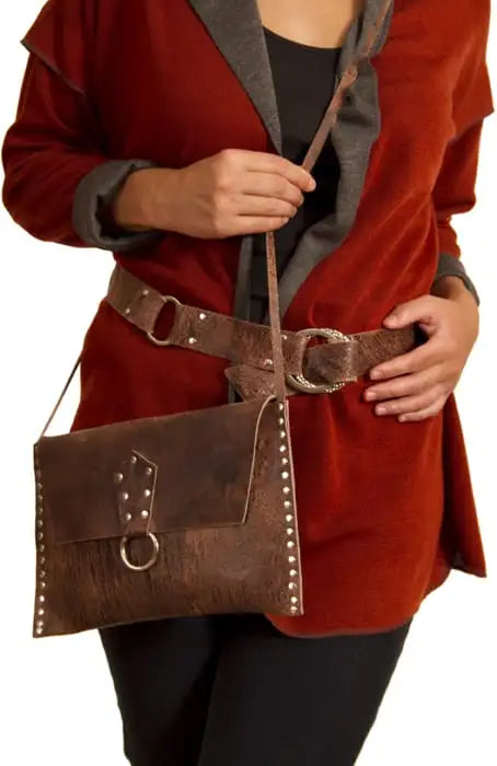 Brown Distressed Leather Belt Five Ring Riveted Upcycled | Engayla