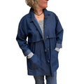Blue Denim Trench Jacket High Collar Vintage Buttons, handmade in Seattle by Angela Ehrig