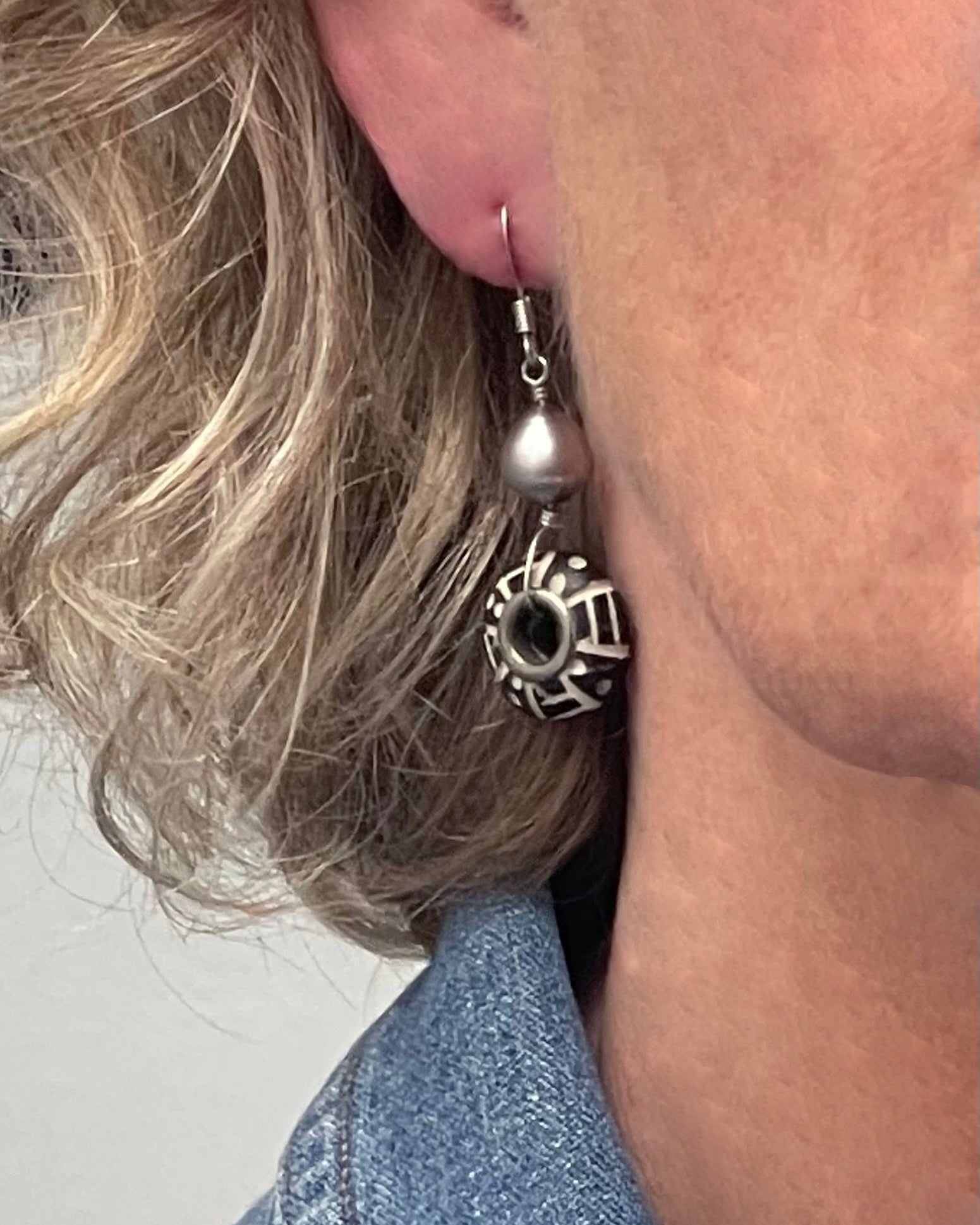 Black White Batik Bone Doughnut Earrings Freshwater Pearl | Engayla