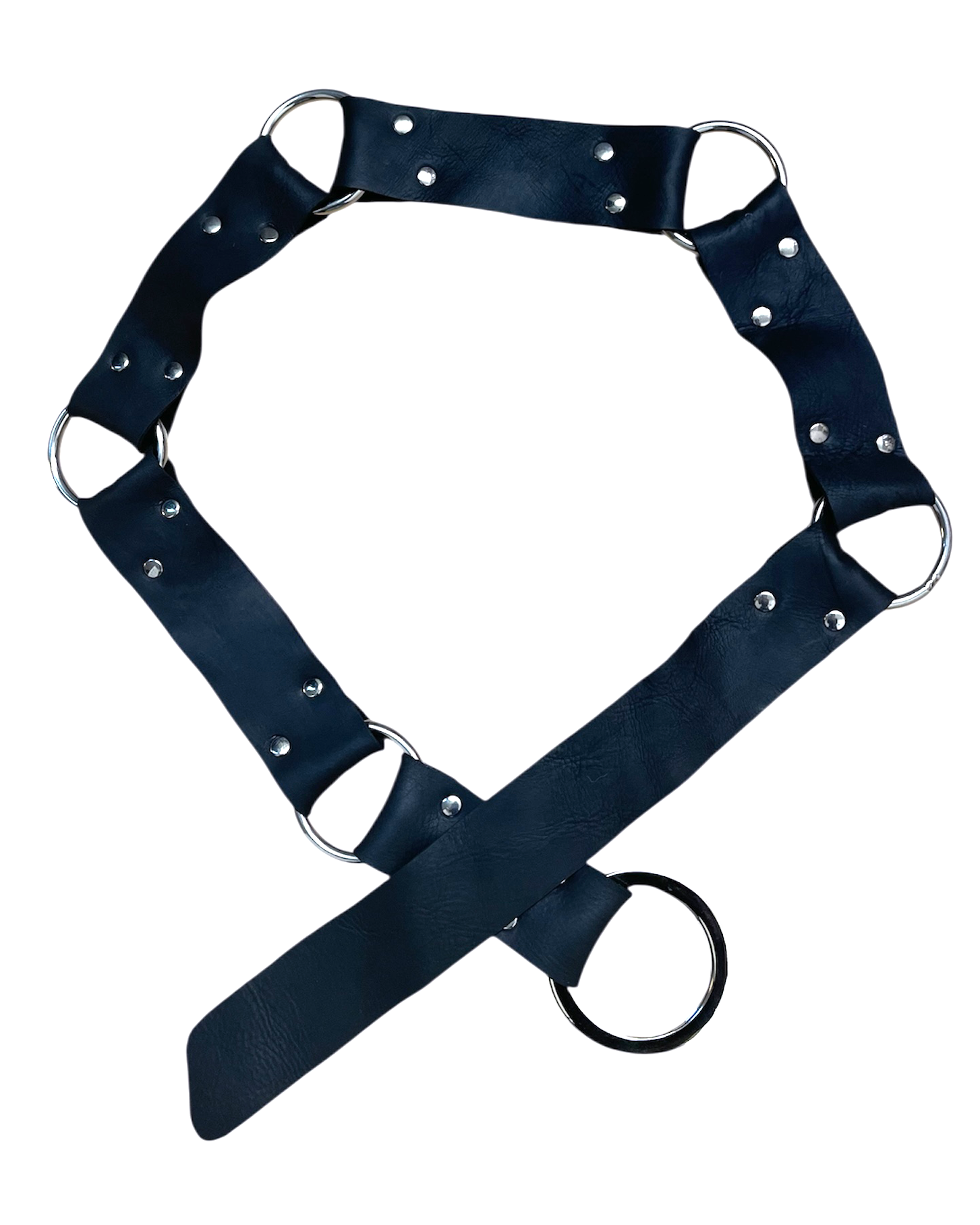 Black leather belt with silver rings and rivets