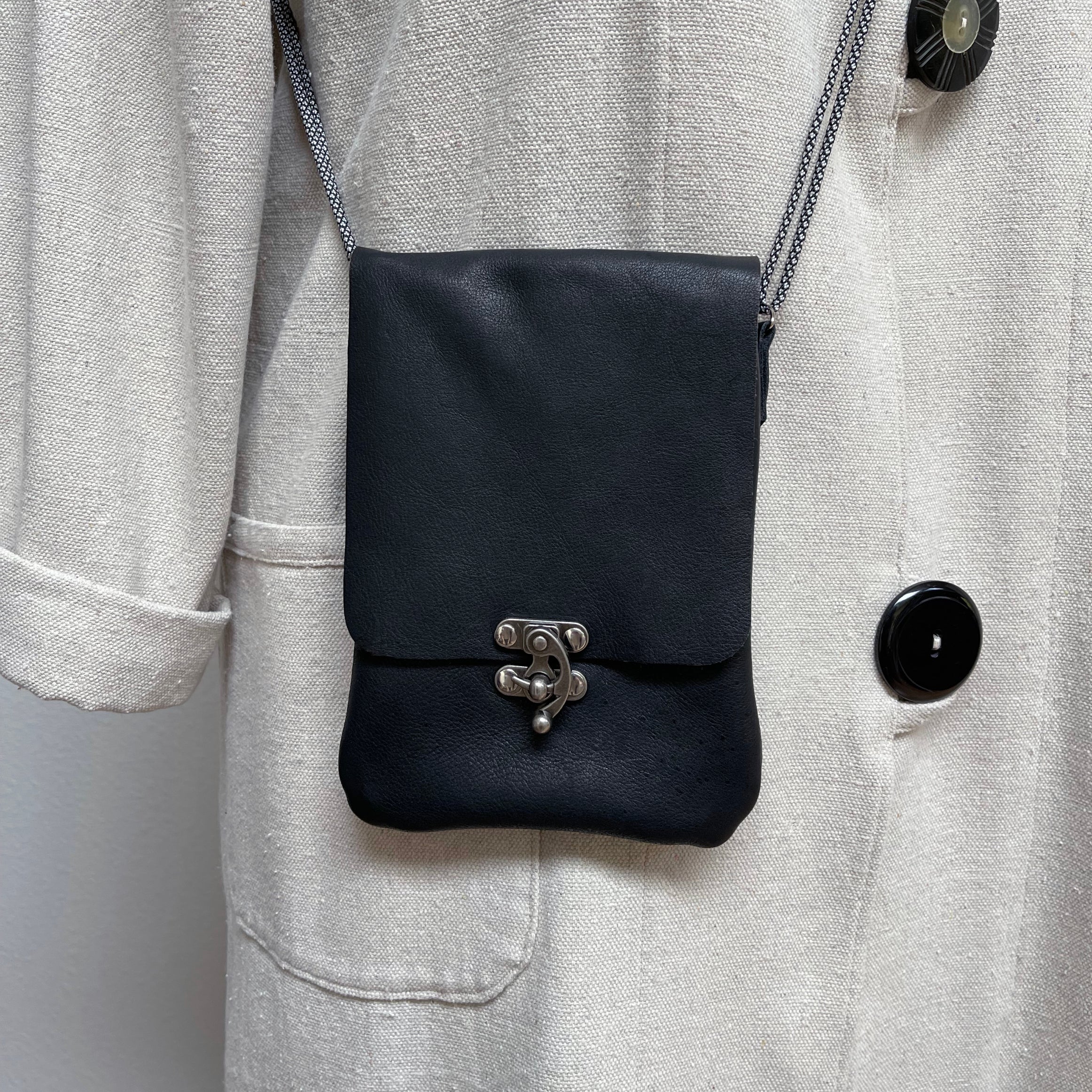 Black Leather Phone Crossbody Bag Swing Clasp Patina | Engayla
