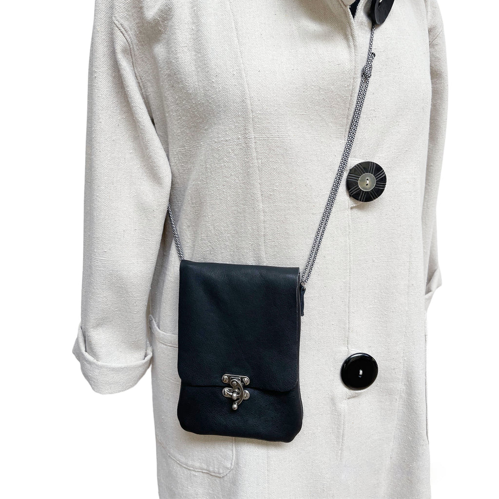 Black Leather Phone Crossbody Bag Swing Clasp Patina | Engayla
