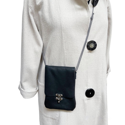 Black Leather Phone Crossbody Bag Swing Clasp Patina, handmade in Seattle by Angela Ehrig