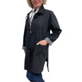 Black Cotton Denim Lycra Long Jacket Button Loop, handmade in Seattle by Angela Ehrig