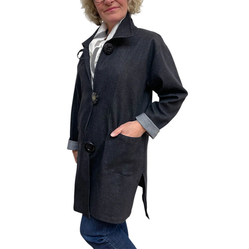 Black Cotton Denim Lycra Long Jacket Button Loop, handmade in Seattle by Angela Ehrig