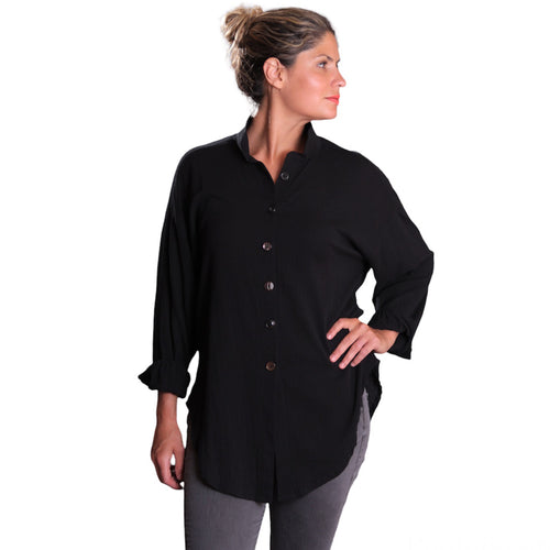 Black Cotton Gauze Boyfriend Shirt Vintage Buttons, handmade in Seattle by Angela Ehrig