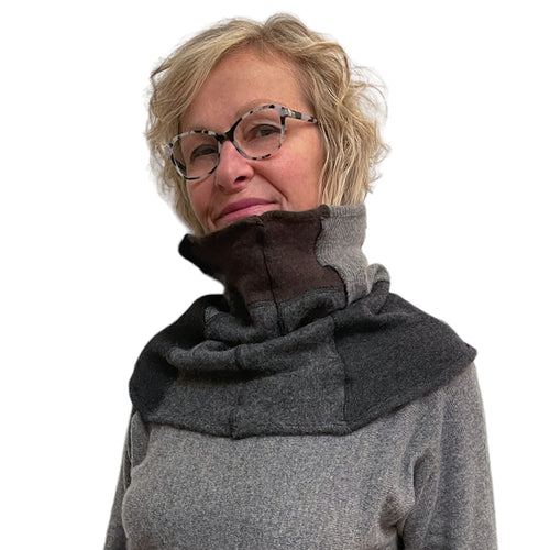 Black Grey Upcycled Cashmere Neck Warmer Deconstructed, handmade in Seattle by Angela Ehrig