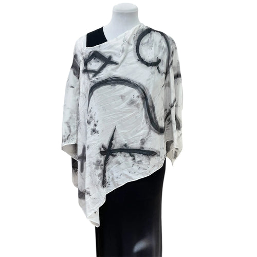 Black Hand Painted Habotai Silk Poncho Abstract, handmade in Seattle by Angela Ehrig