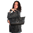 Black Leather Purse Riveted Silver 5 Pocket 14in | Engayla
