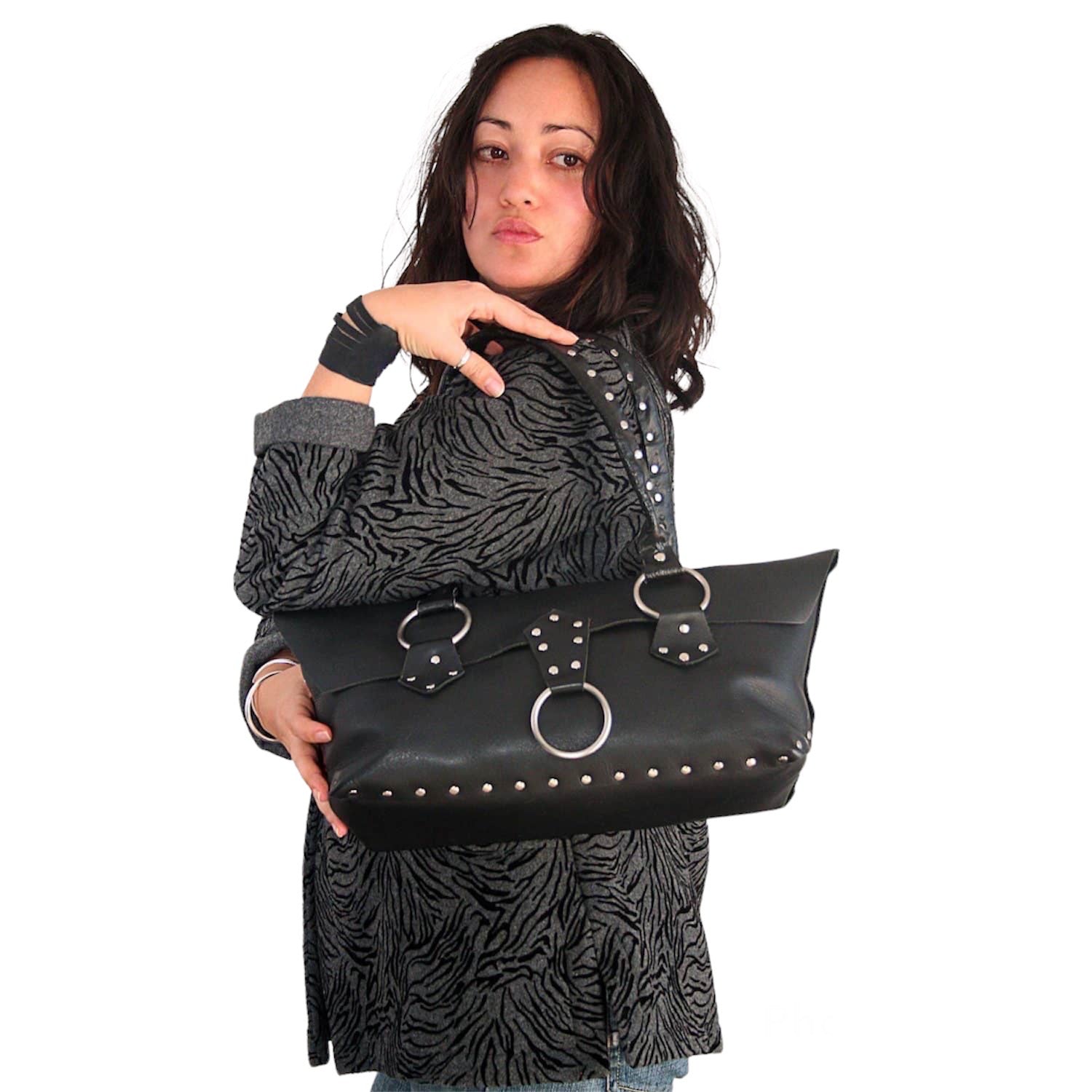 Black Leather Purse Riveted Silver 5 Pocket 14in | Engayla
