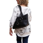 Black Leather Purse Riveted Silver 5 Pocket 14in | Engayla