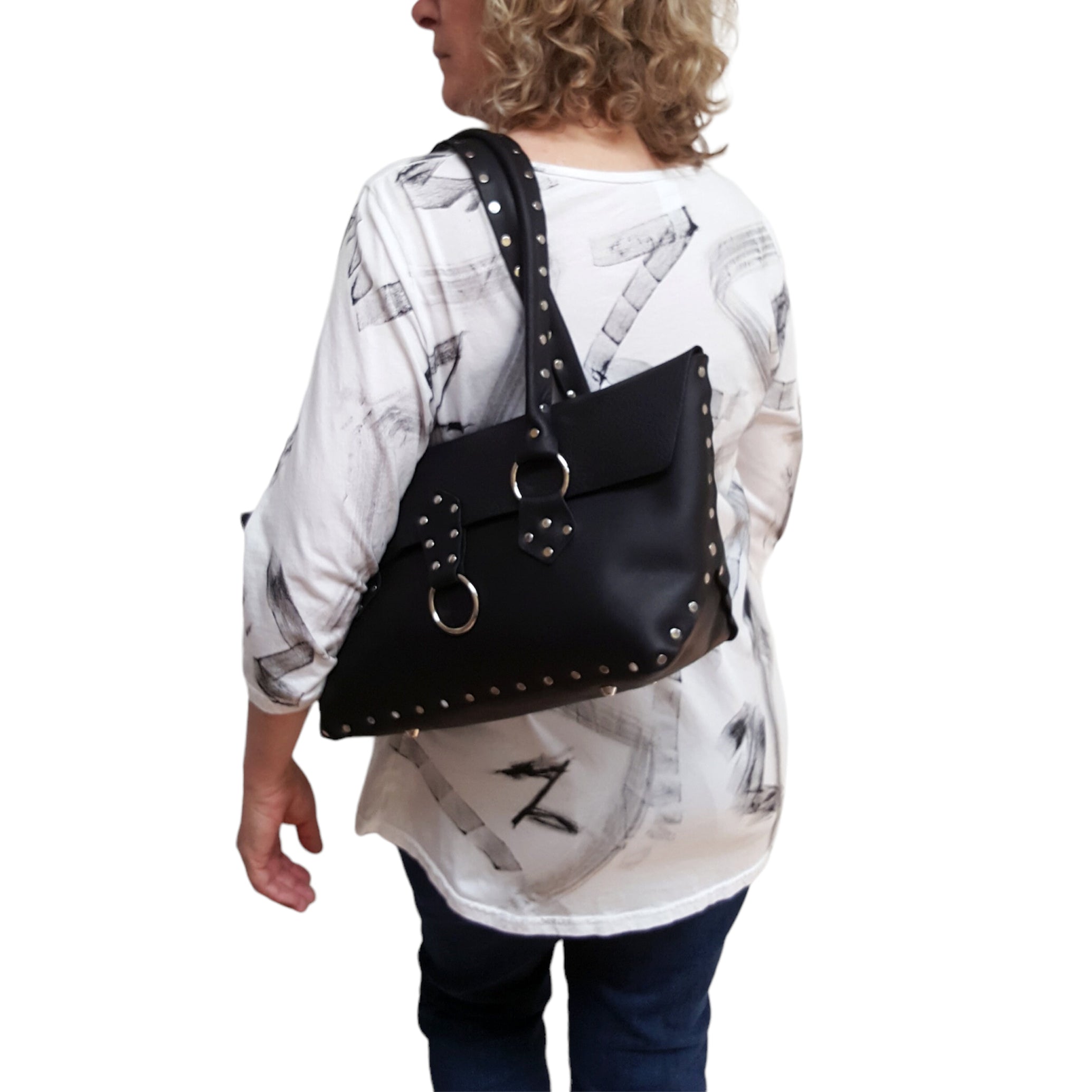 Black Leather Purse Riveted Silver 5 Pocket 14in | Engayla