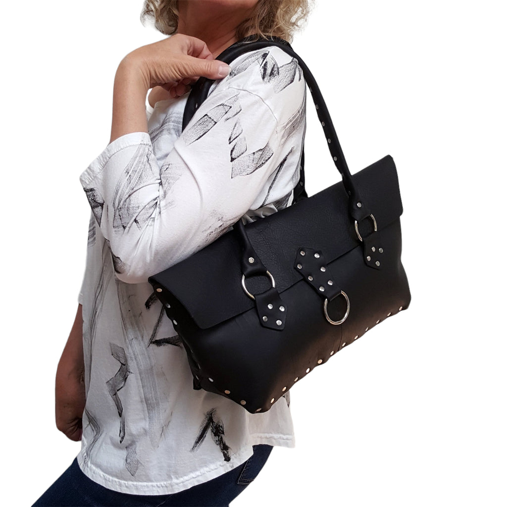 Black Leather Purse Riveted Silver 5 Pocket 14in | Engayla