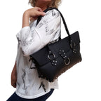 Black Leather Purse Riveted Silver 5 Pocket 14in | Engayla