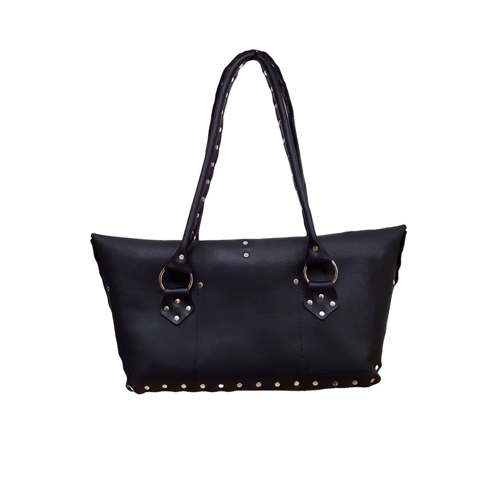Black Leather Purse Riveted Silver 5 Pocket 14in | Engayla