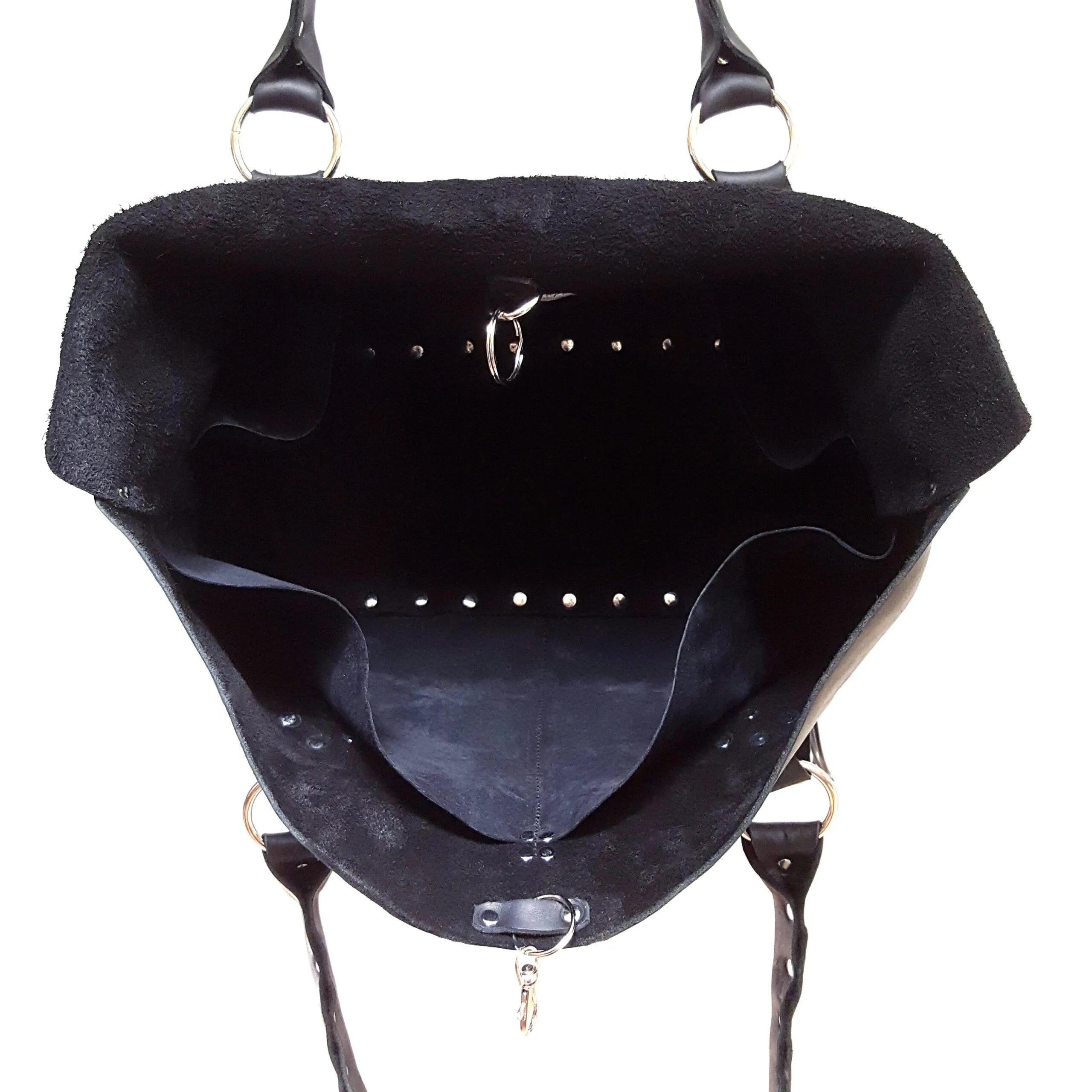 Black Leather Purse Riveted Silver 5 Pocket 14in | Engayla