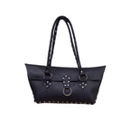 Black Leather Purse Riveted Silver 5 Pocket 14in | Engayla