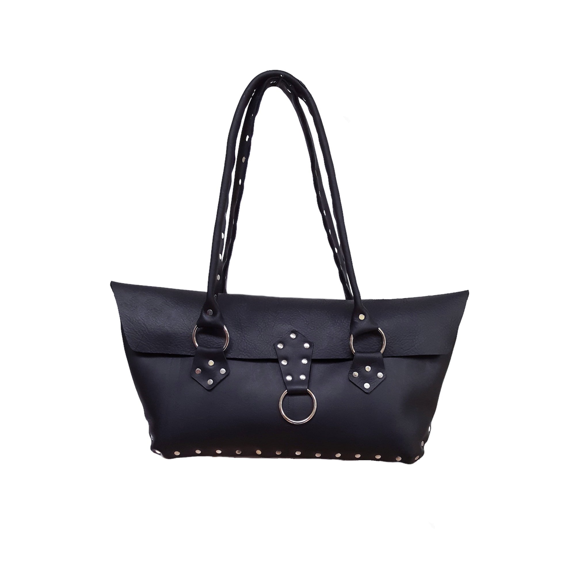 Black Leather Purse Riveted Silver 5 Pocket 14in | Engayla