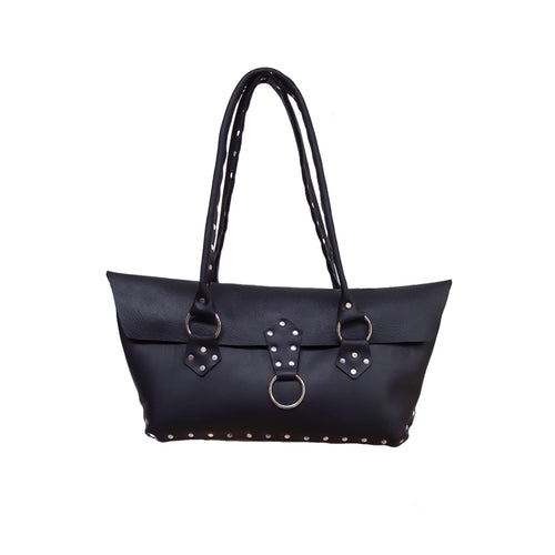 Black handbag with studded details on a white background