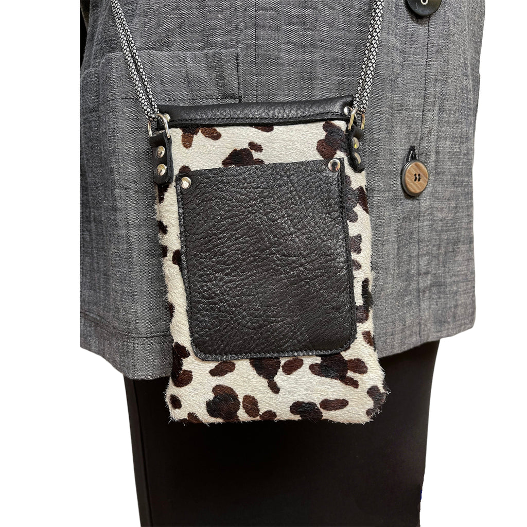 Black White Textured Leather Phone Crossbody Bag Pockets | Engayla