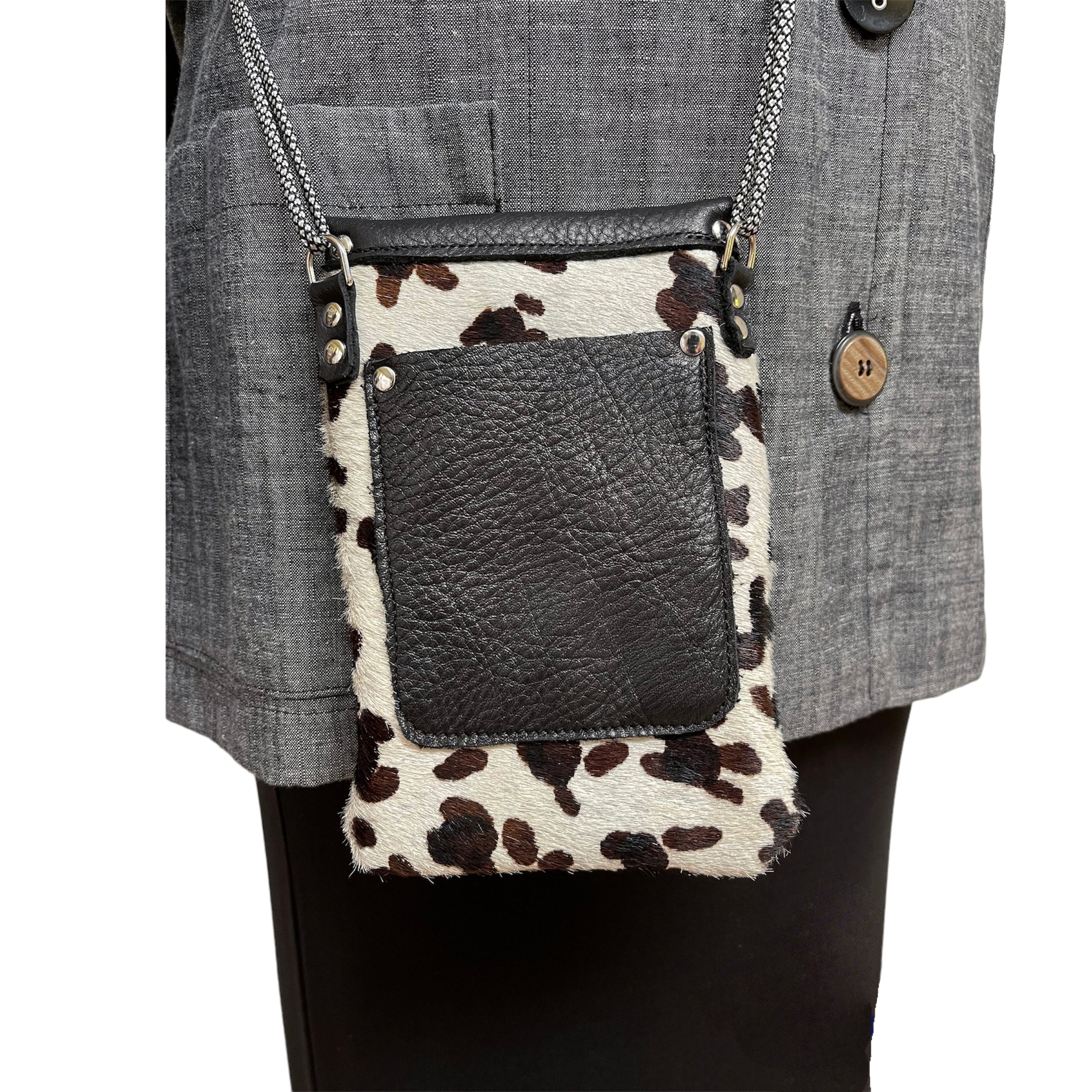 Black White Textured Leather Phone Crossbody Bag Pockets | Engayla