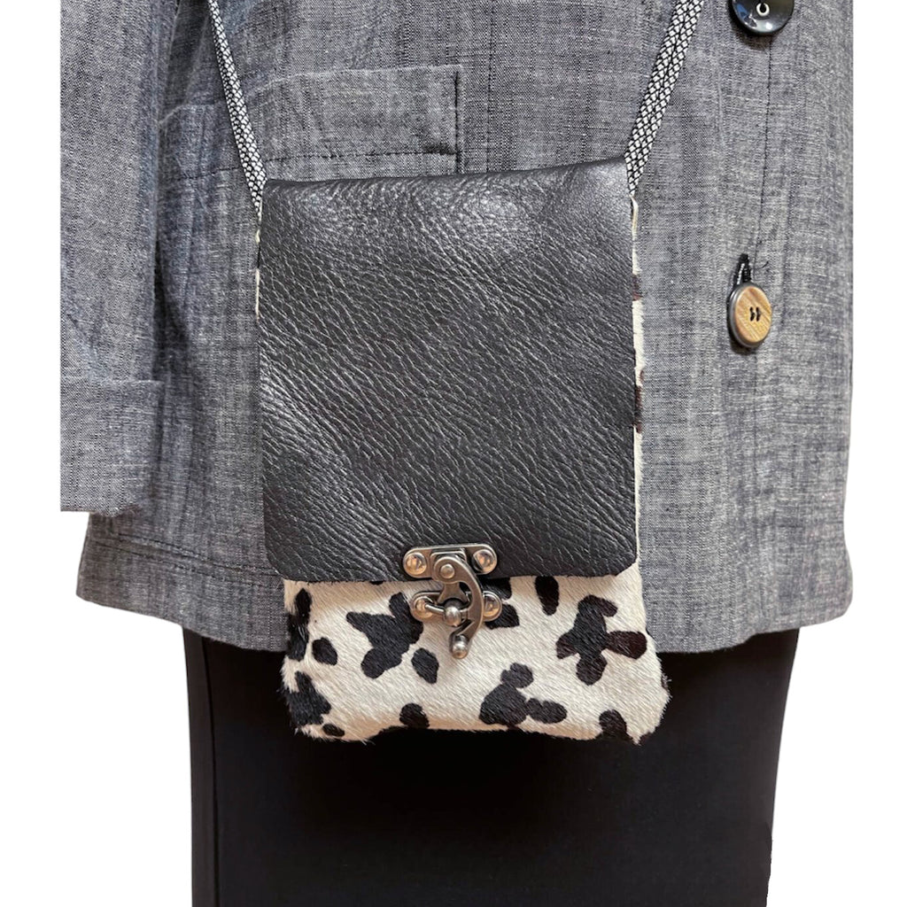 Black White Textured Leather Phone Crossbody Bag Pockets | Engayla