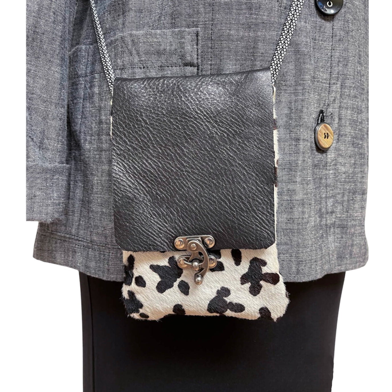 Black White Textured Leather Phone Crossbody Bag Pockets | Engayla