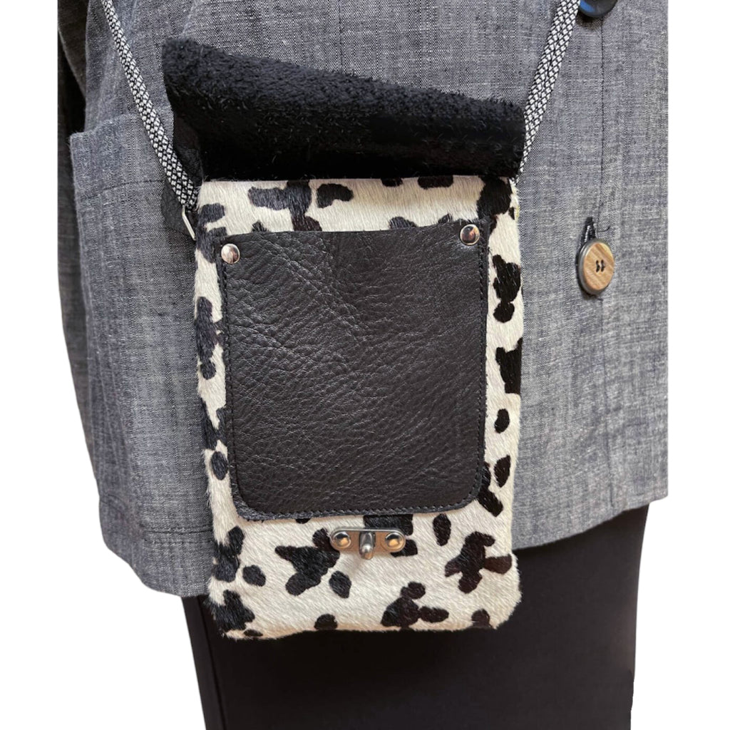 Black White Textured Leather Phone Crossbody Bag Pockets | Engayla