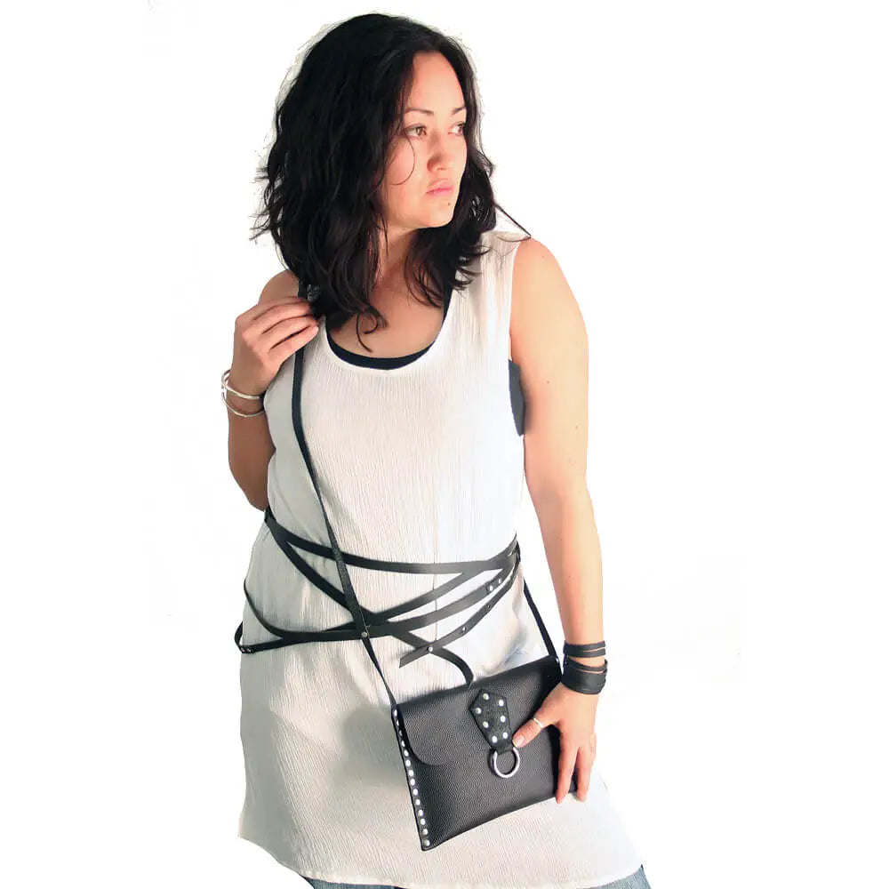 Black Leather Belt Crossbody Purse Wristlet Set Riveted | Engayla