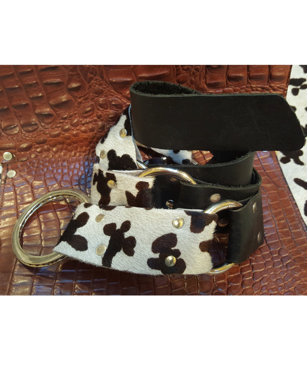 Black White Textured Leather Belt Steel Rings 1.5 Inch | Engayla