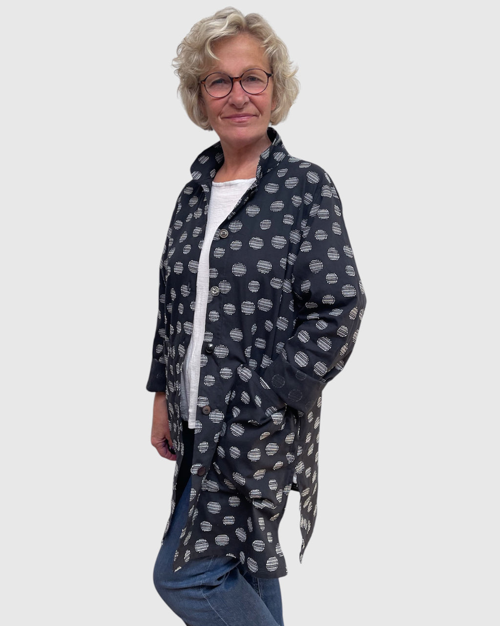 Black Cotton Long Jacket Grey Dots Patch Pockets Engayla