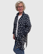 Black Cotton Long Jacket Grey Dots Patch Pockets Engayla