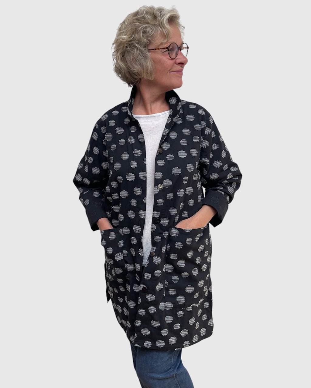 Black Cotton Long Jacket Grey Dots Patch Pockets Engayla