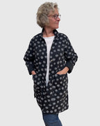 Black Cotton Long Jacket Grey Dots Patch Pockets Engayla