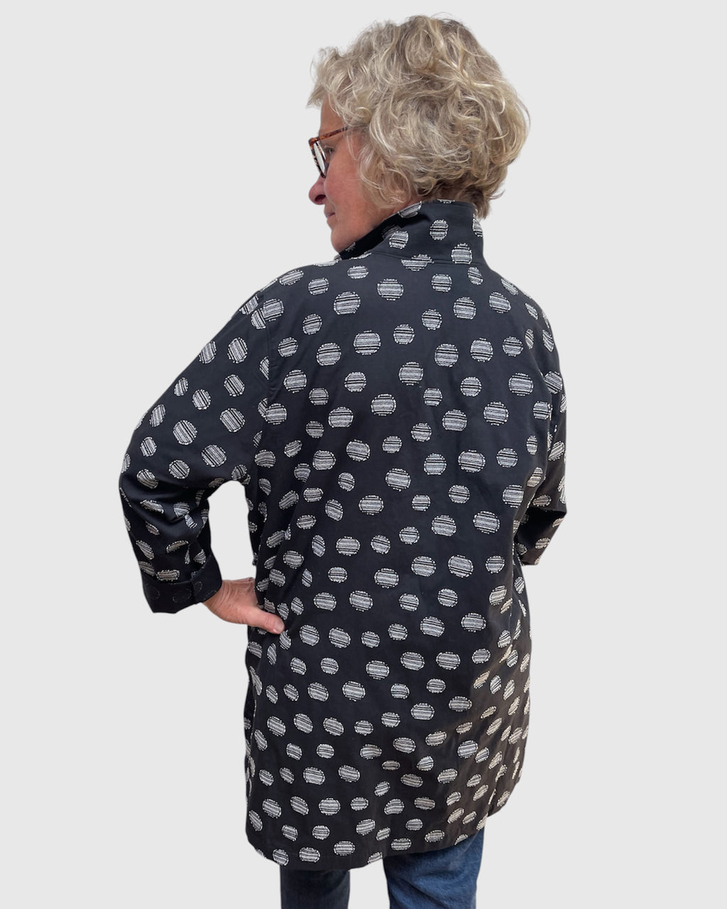 Black Cotton Long Jacket Grey Dots Patch Pockets Engayla