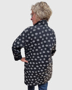 Black Cotton Long Jacket Grey Dots Patch Pockets Engayla