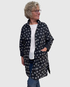 Black Cotton Long Jacket Grey Dots Patch Pockets Engayla