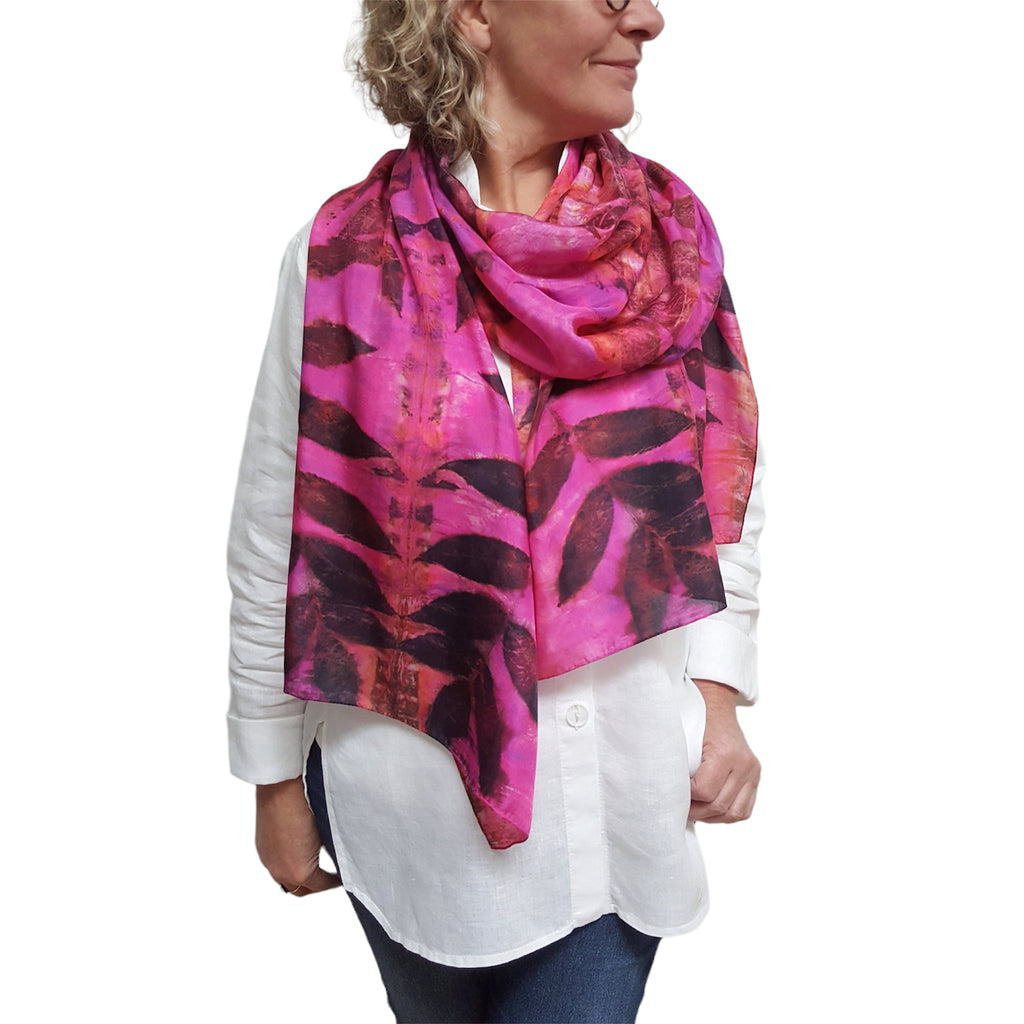 Pink Magenta Eco Print Silk Scarf Black Walnut | Engayla