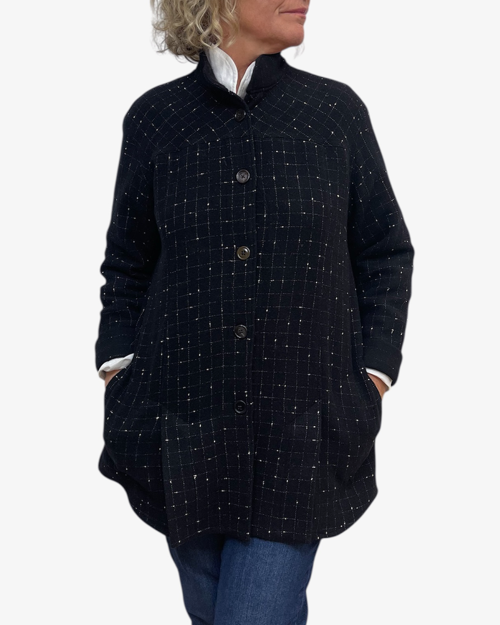 Black White Windowpane Wool Blend A-Line Jacket Vents | Engayla